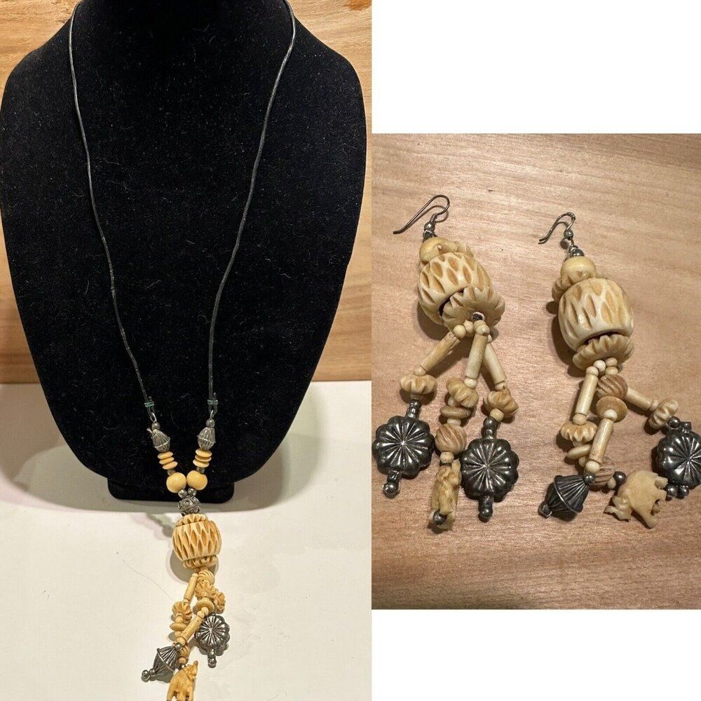Vtg Carved Bovine Elephant Shape Beaded Long Necklace Earring Set Tribal Boho